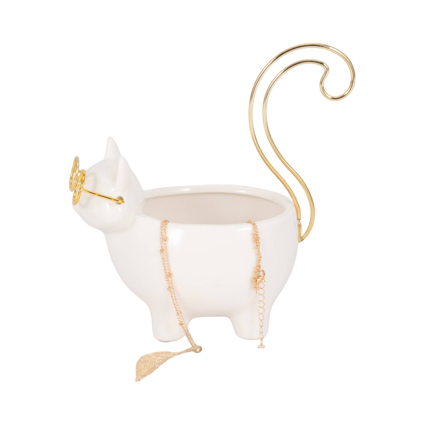 Trinket Dish - White/Gold Ceramic Boho Kitty, 7 in.