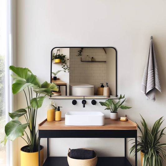 Metal Wood Wall Mirror with Folding Shelf - Black, 18 in.