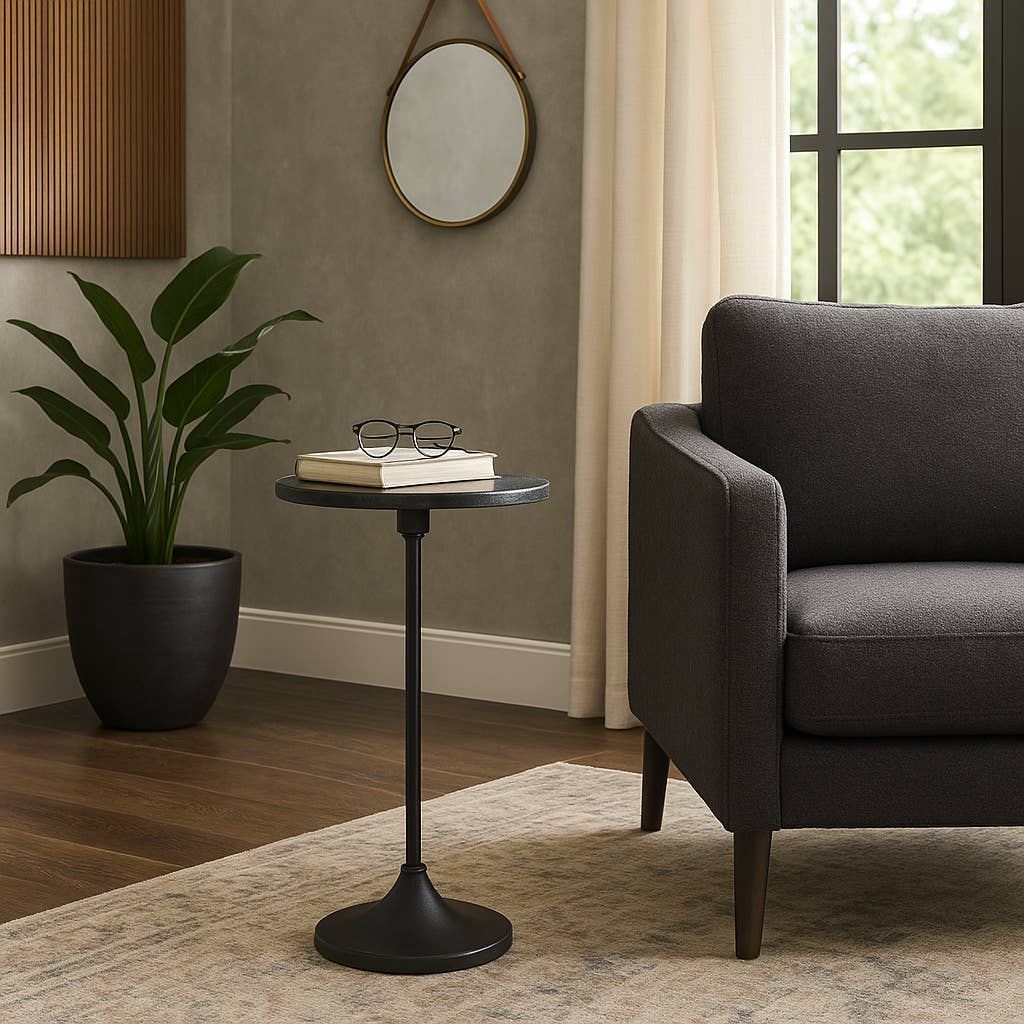 Side Table - Black Metal Pedestal Base Marble Top, 27 in.