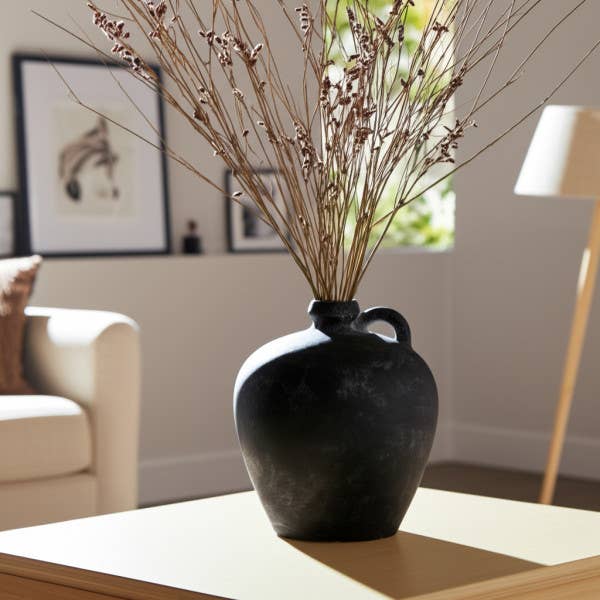 Black 10 in. Abstract Weathered Terracotta Jug with Handle