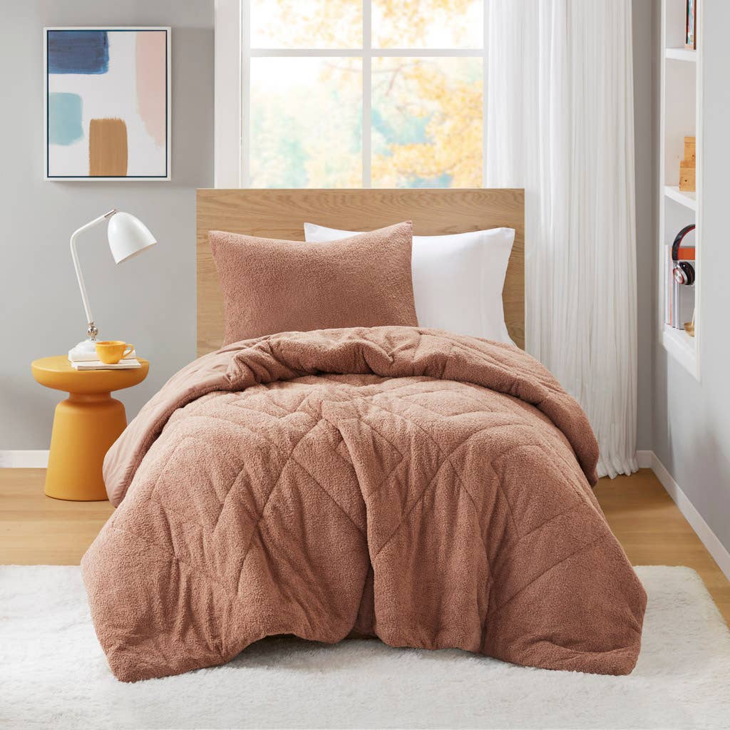 Double Diamond Quilted Fluffy Plush Comforter Set, Brown