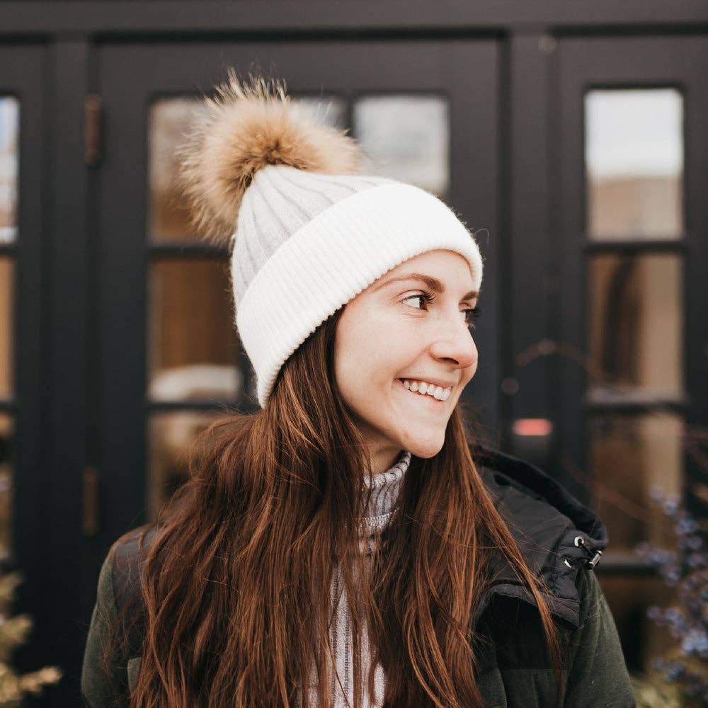 2 Tone Angora Knit Fur Pom Beanie: White with Grey Trim