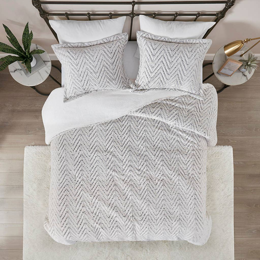 Chevron Faux Fur Comforter/Duvet Cover Set, Grey