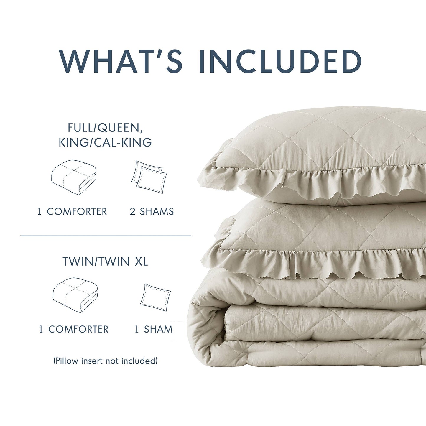 Diamond Quilted Ruffle Edge Comforter Set, Neutral