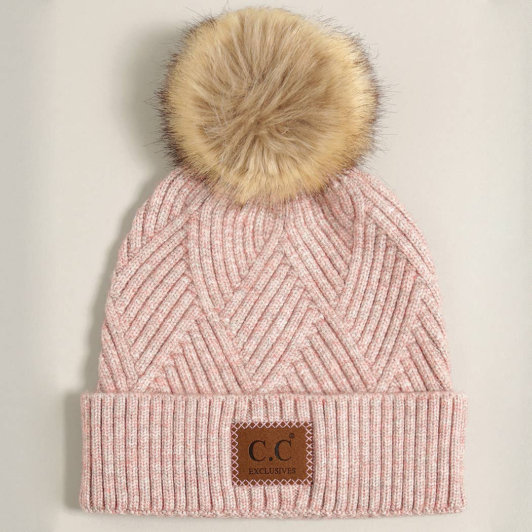 Heather Cuff Beanie with Pom-Pom: ONE SIZE / WARM GREY MIX