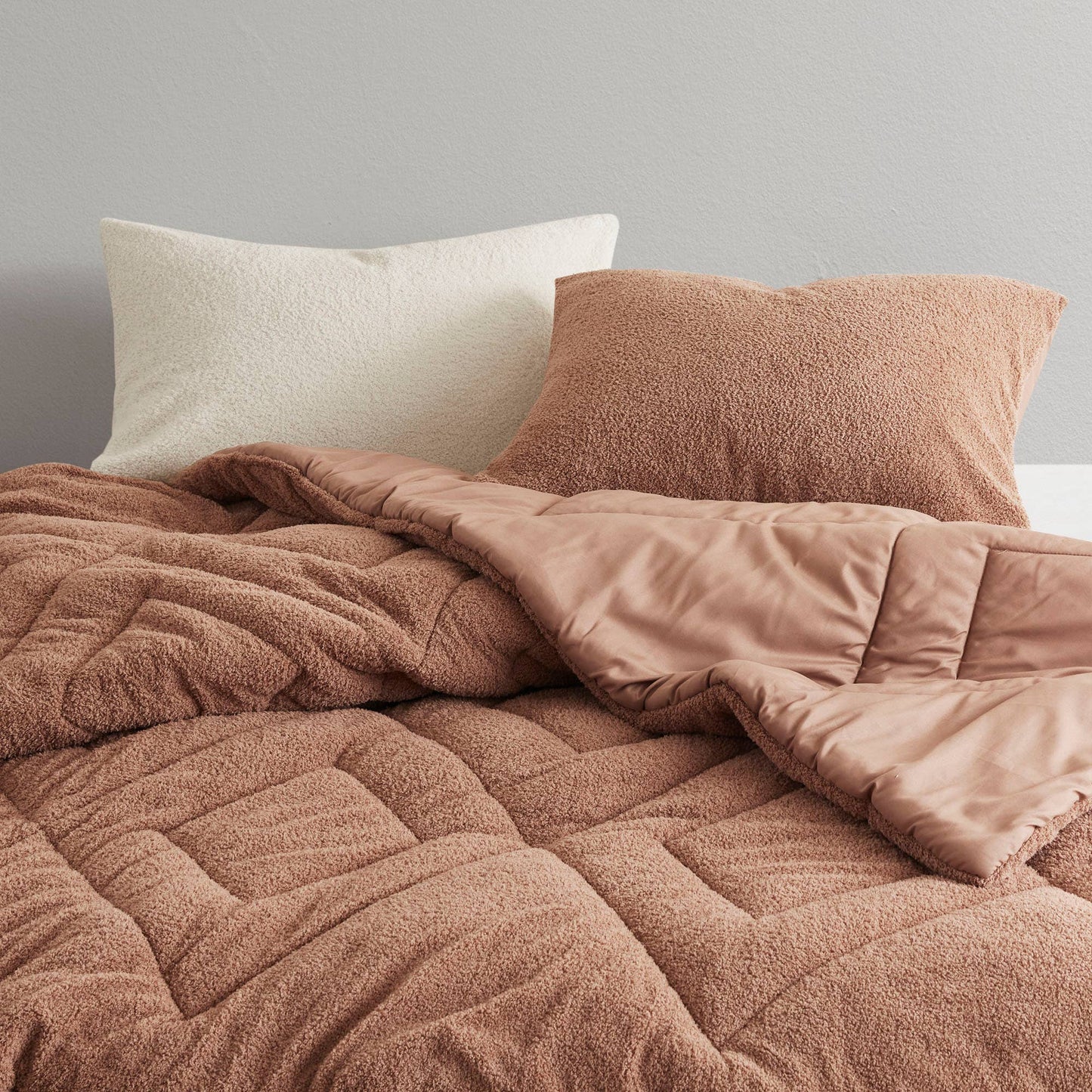 Double Diamond Quilted Fluffy Plush Comforter Set, Brown