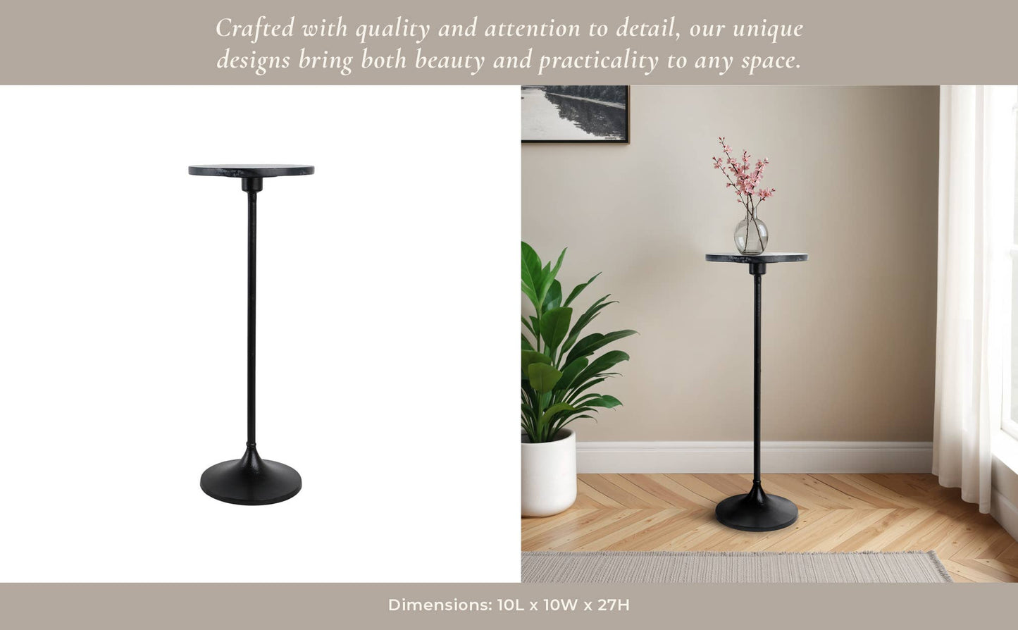 Side Table - Black Metal Pedestal Base Marble Top, 27 in.