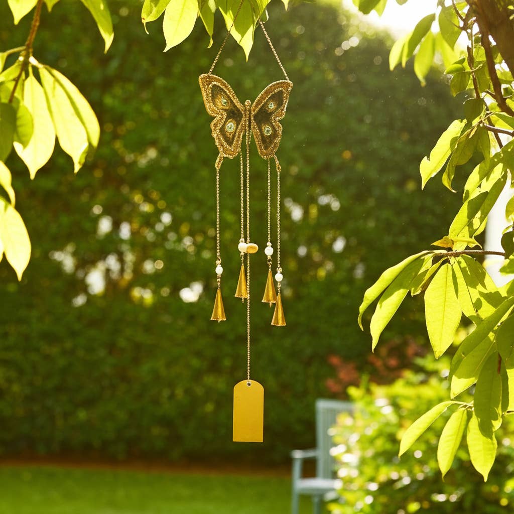 Wind Chime - Gold Metal Beads Mosaic Butterfly, 24 in.