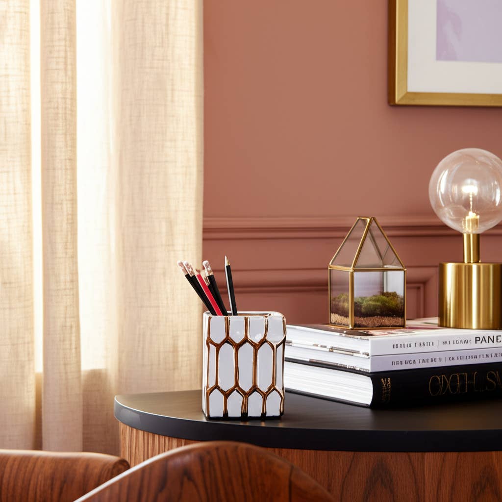 Ceramic Dynasty Design Square Pen Holder - Multi, 4 in.