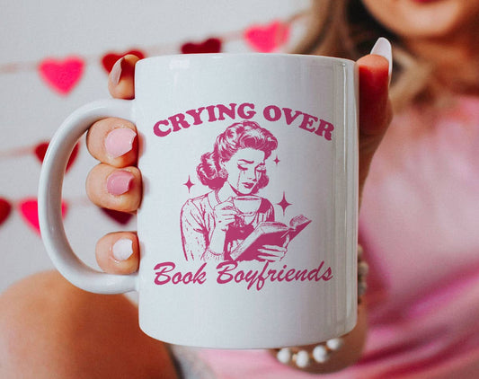 Crying Over Book Boyfriends - Retro Trendy Coffee Mug: 11oz White