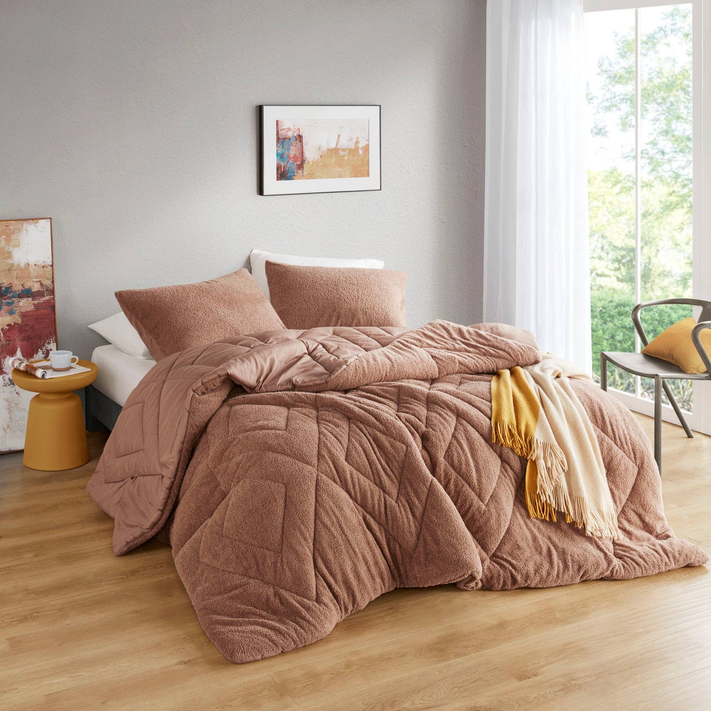Double Diamond Quilted Fluffy Plush Comforter Set, Brown