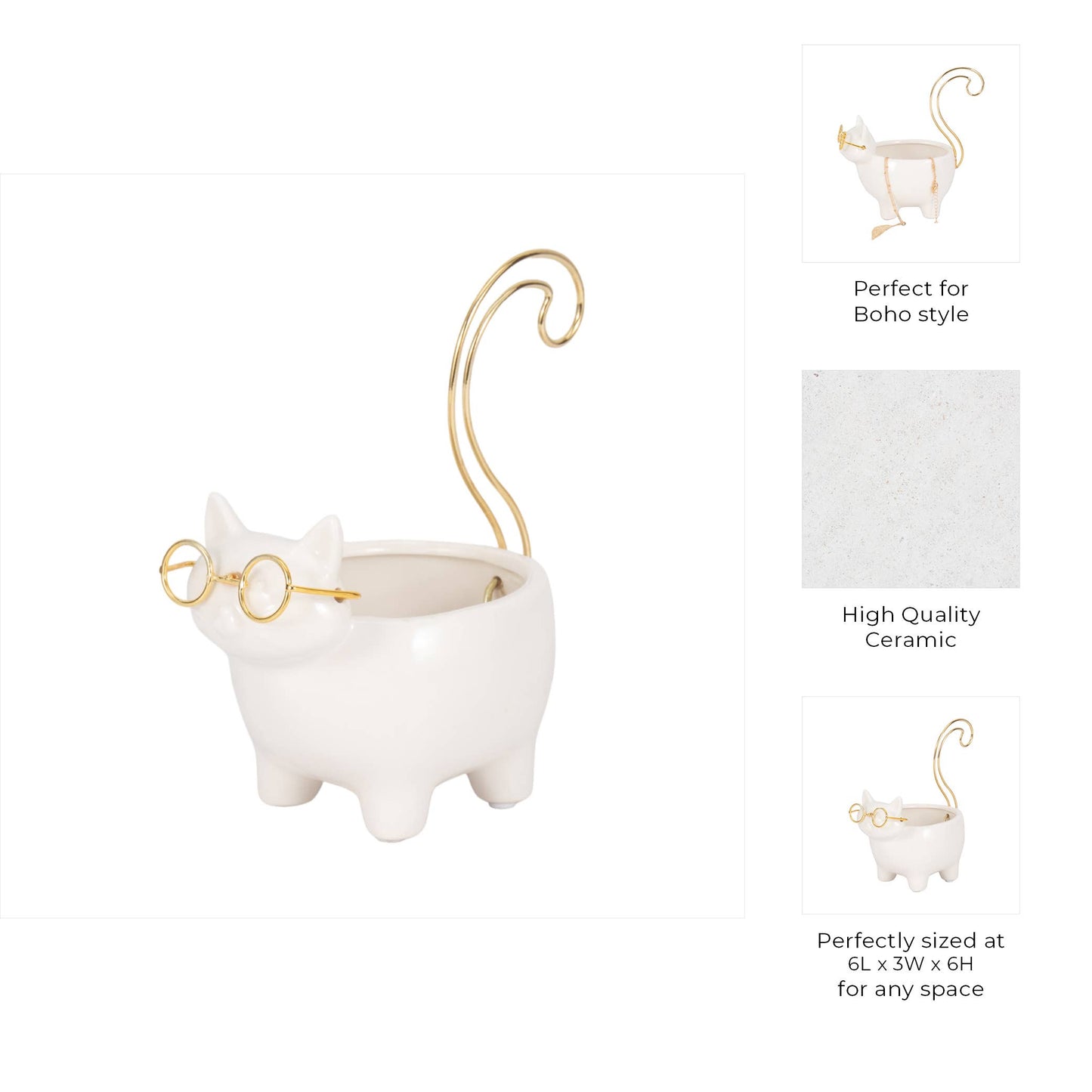 Trinket Dish - White/Gold Ceramic Boho Kitty, 7 in.