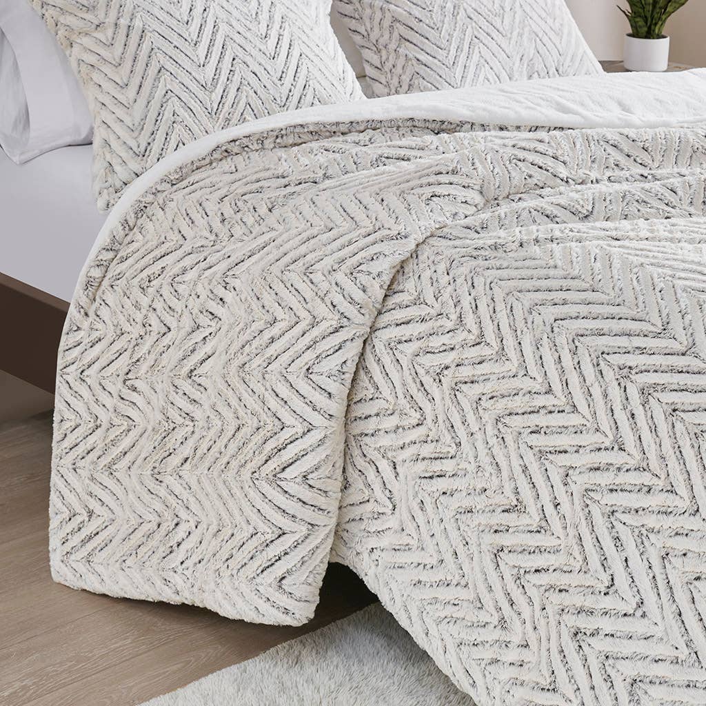 Chevron Faux Fur Comforter/Duvet Cover Set, Grey