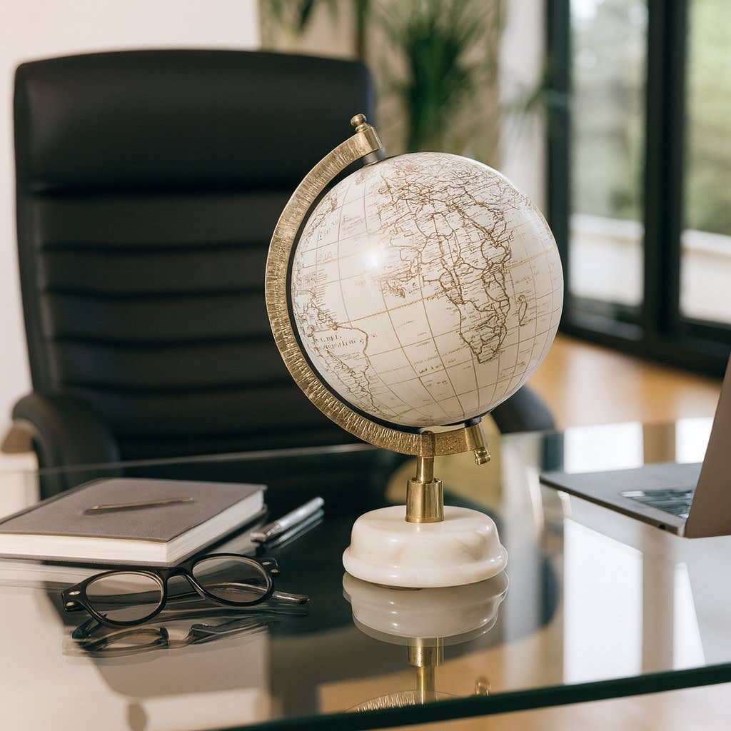 Polyresin Marble Base Globe Sculpture - White, 10 in.