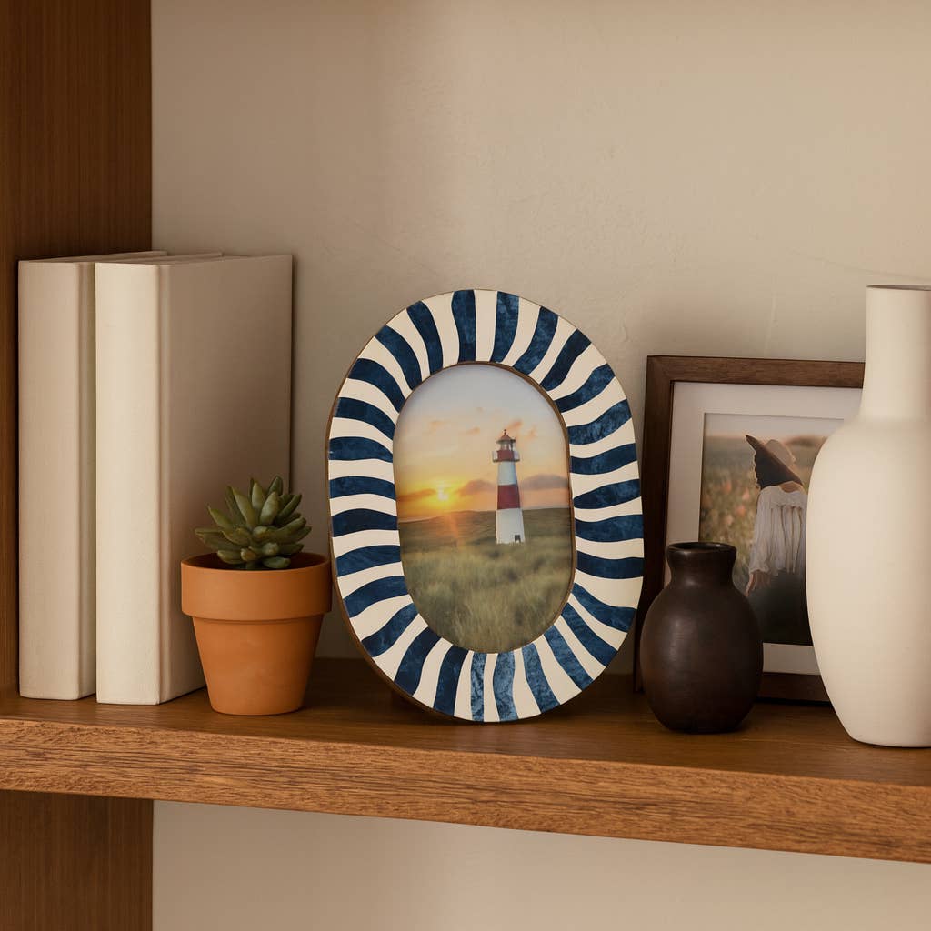 4 in. x 6 in. Blue/White Wood with Inlay Pieces Photo Frame