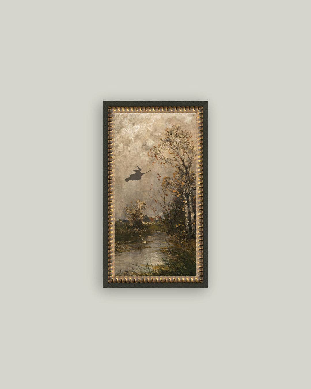 Flying Witch Landscape Framed Antique Art