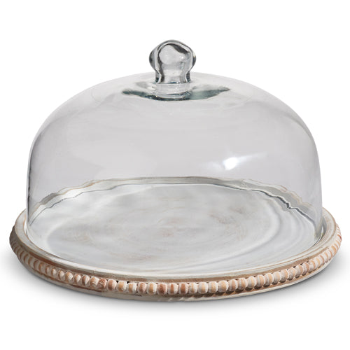 11.75" Whitewash Beaded Tray With Cloche