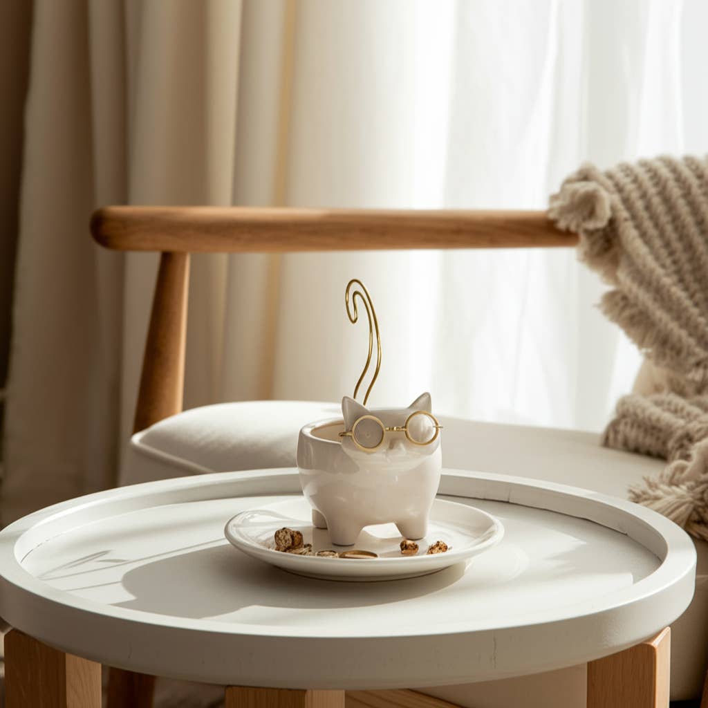 Trinket Dish - White/Gold Ceramic Boho Kitty, 7 in.