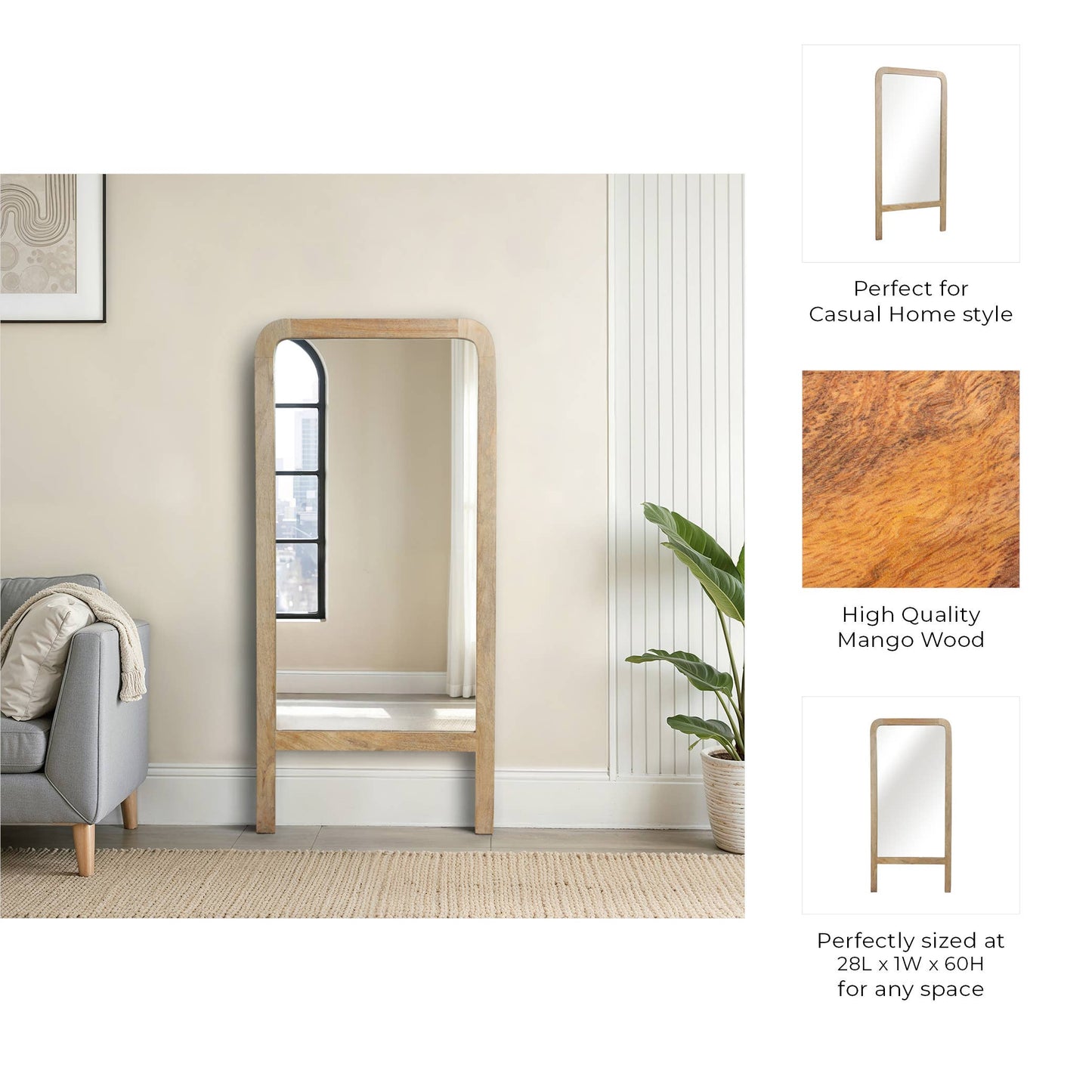 Mirror - Brown Wood Glass Full-Length Leaner Footed, 60 in.