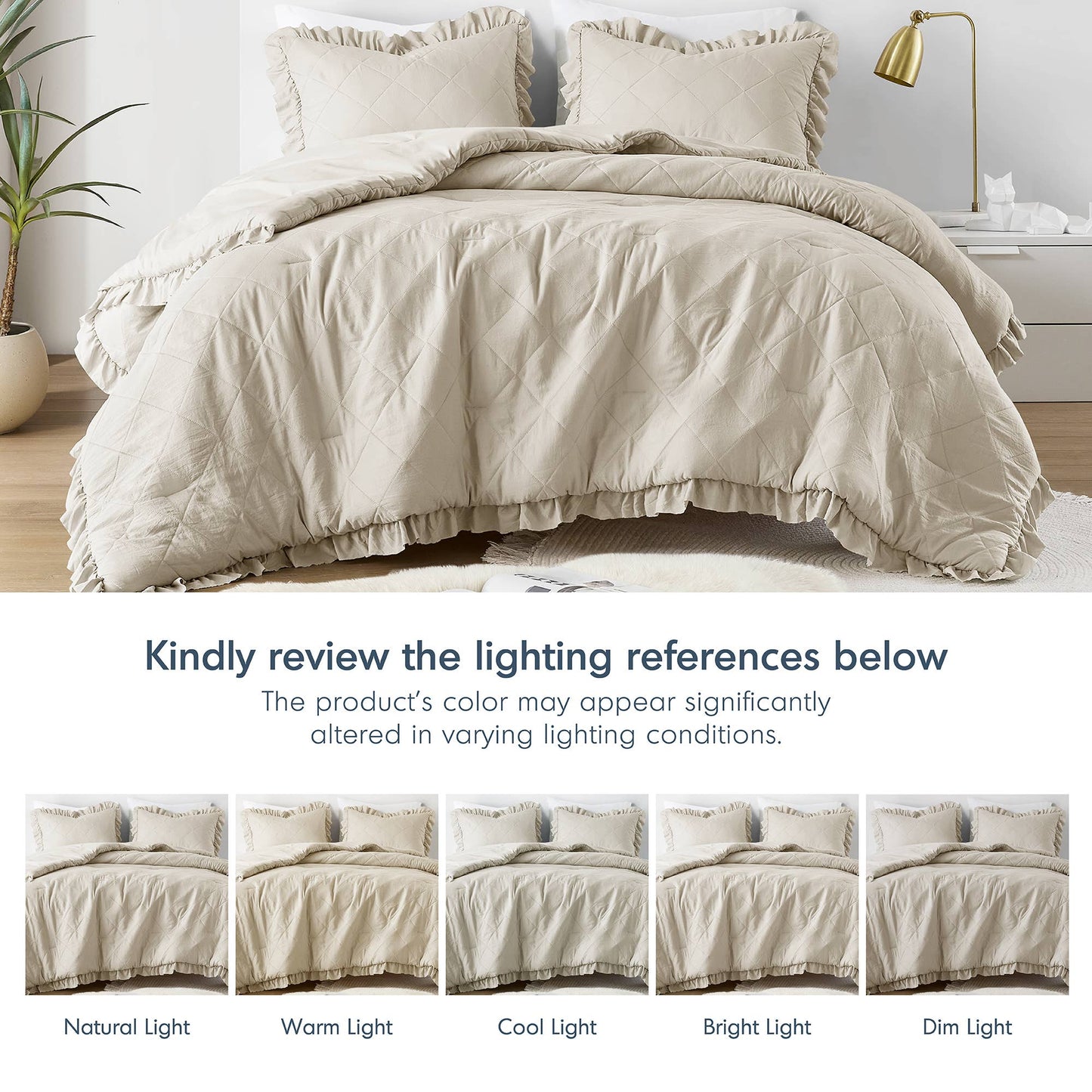 Diamond Quilted Ruffle Edge Comforter Set, Neutral