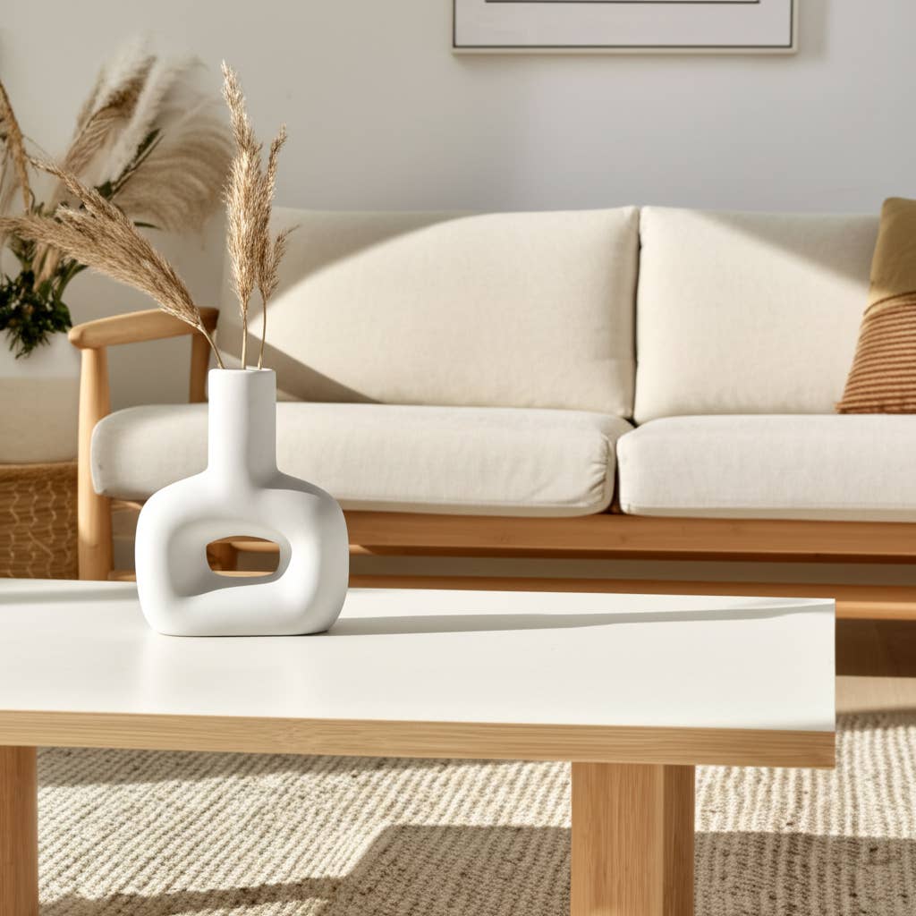 Ceramic Modern Geometric Open Cut Vase - White, 8 in.