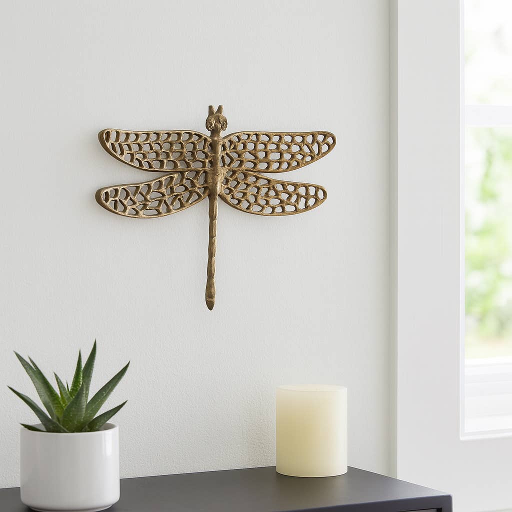 Gold 14 in. Metal Novelty Dragonfly with Cut-Out Figurine