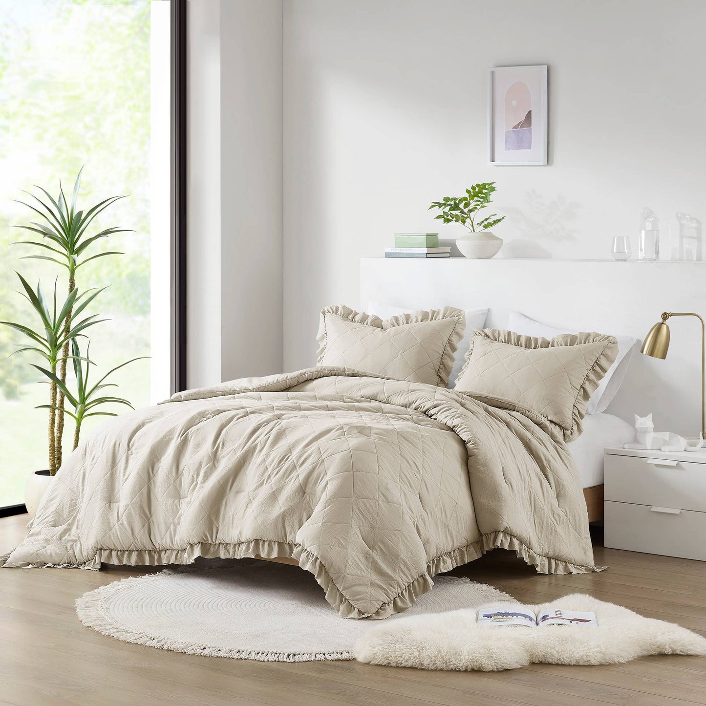 Diamond Quilted Ruffle Edge Comforter Set, Neutral