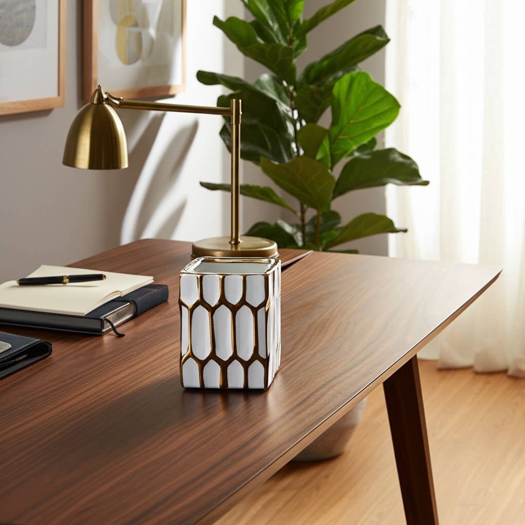 Ceramic Dynasty Design Square Pen Holder - Multi, 4 in.