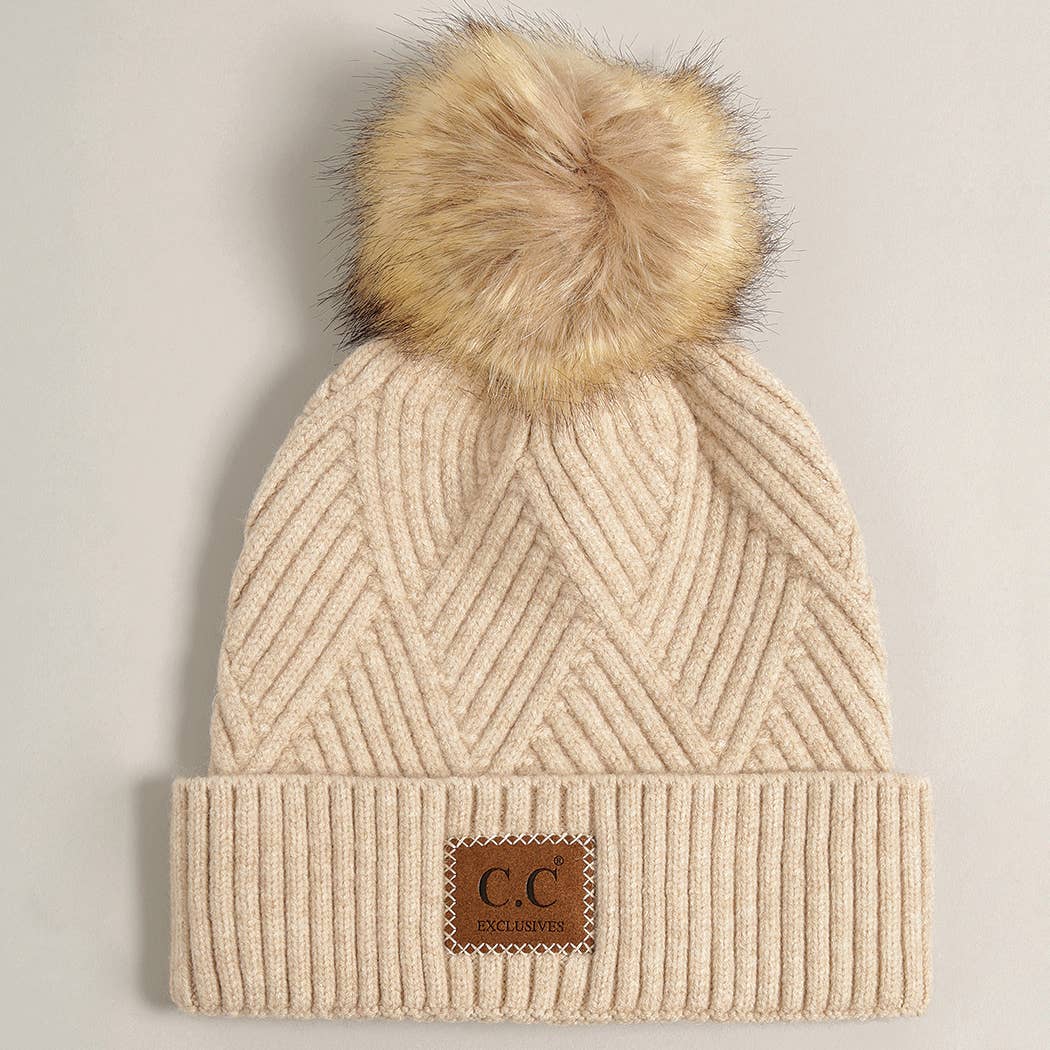 Heather Cuff Beanie with Pom-Pom: ONE SIZE / WARM GREY MIX