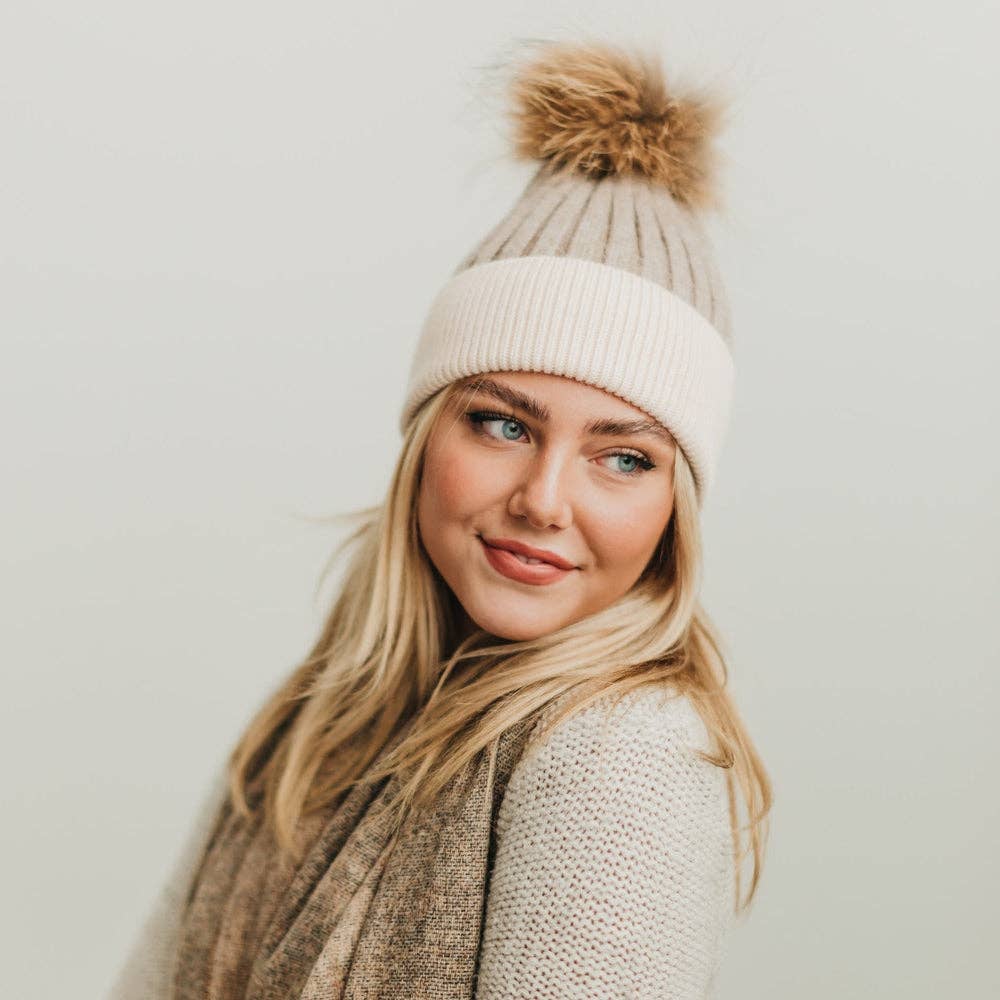 2 Tone Angora Knit Fur Pom Beanie: White with Grey Trim