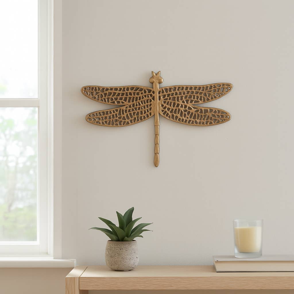Gold 14 in. Metal Novelty Dragonfly with Cut-Out Figurine
