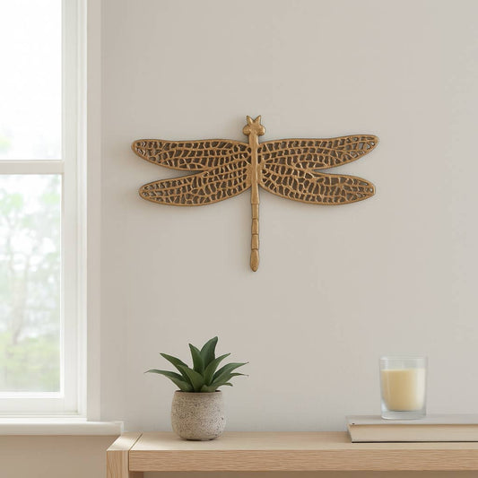 Gold 14 in. Metal Novelty Dragonfly with Cut-Out Figurine