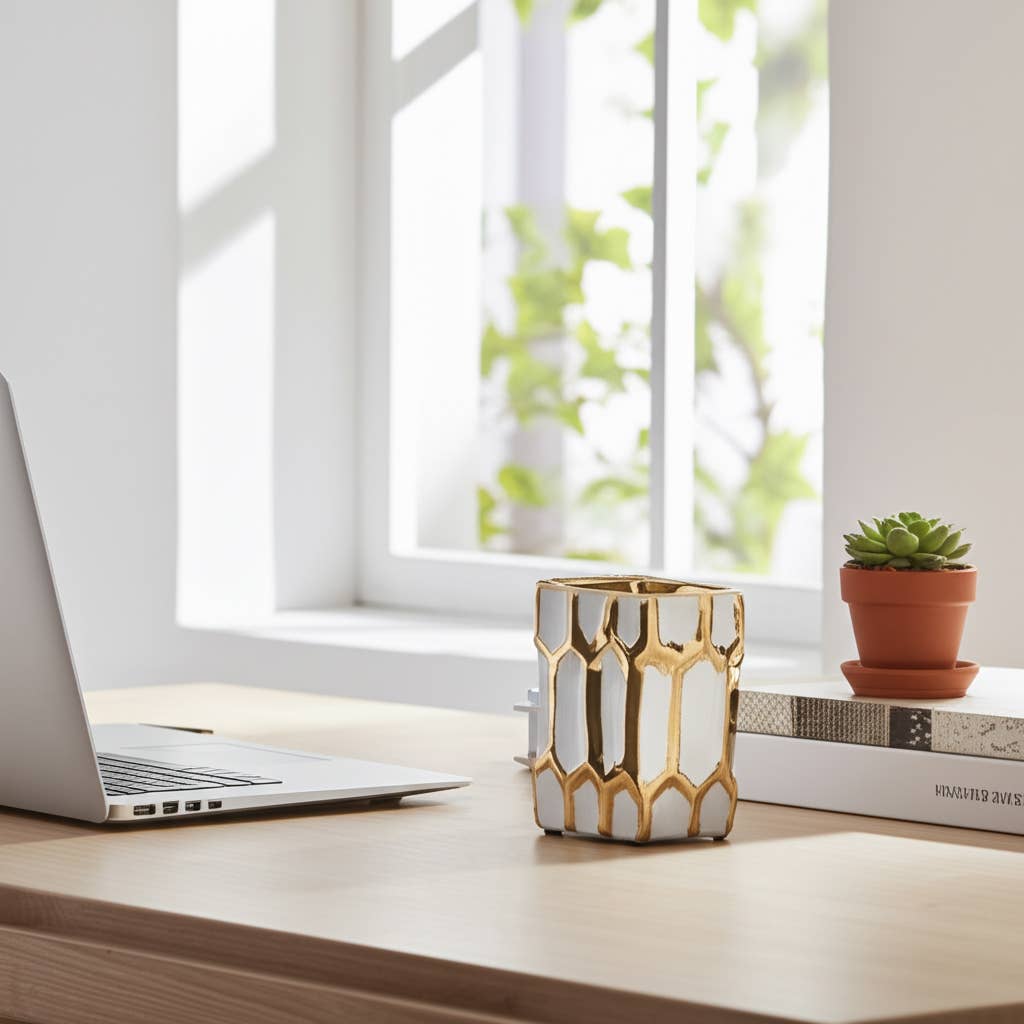 Ceramic Dynasty Design Square Pen Holder - Multi, 4 in.
