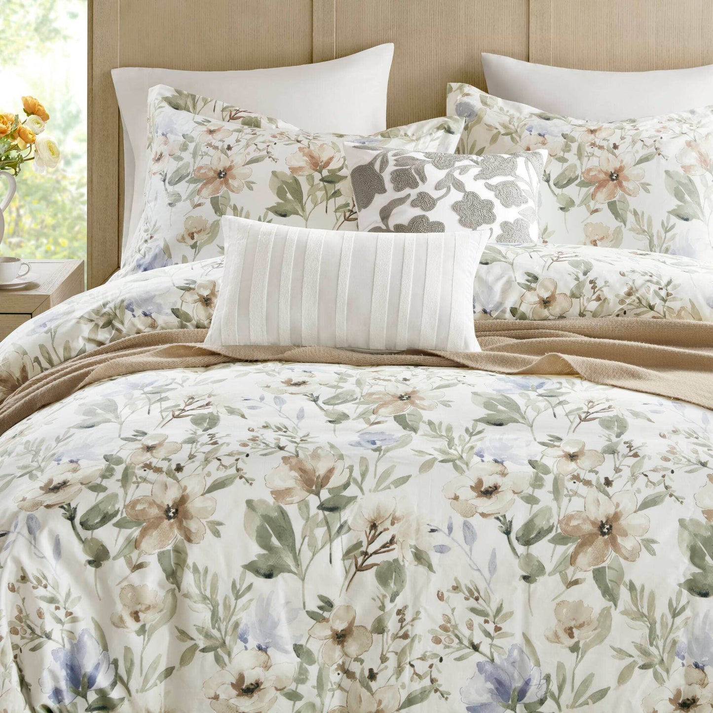 5 Piece 300TC Cotton Sateen Floral Print Duvet Set
