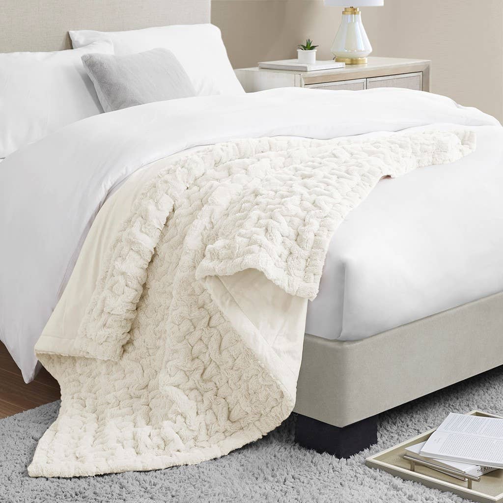 Soft Warm Ruched 50x60" Throw Blanket, Ivory: Throw Blanket