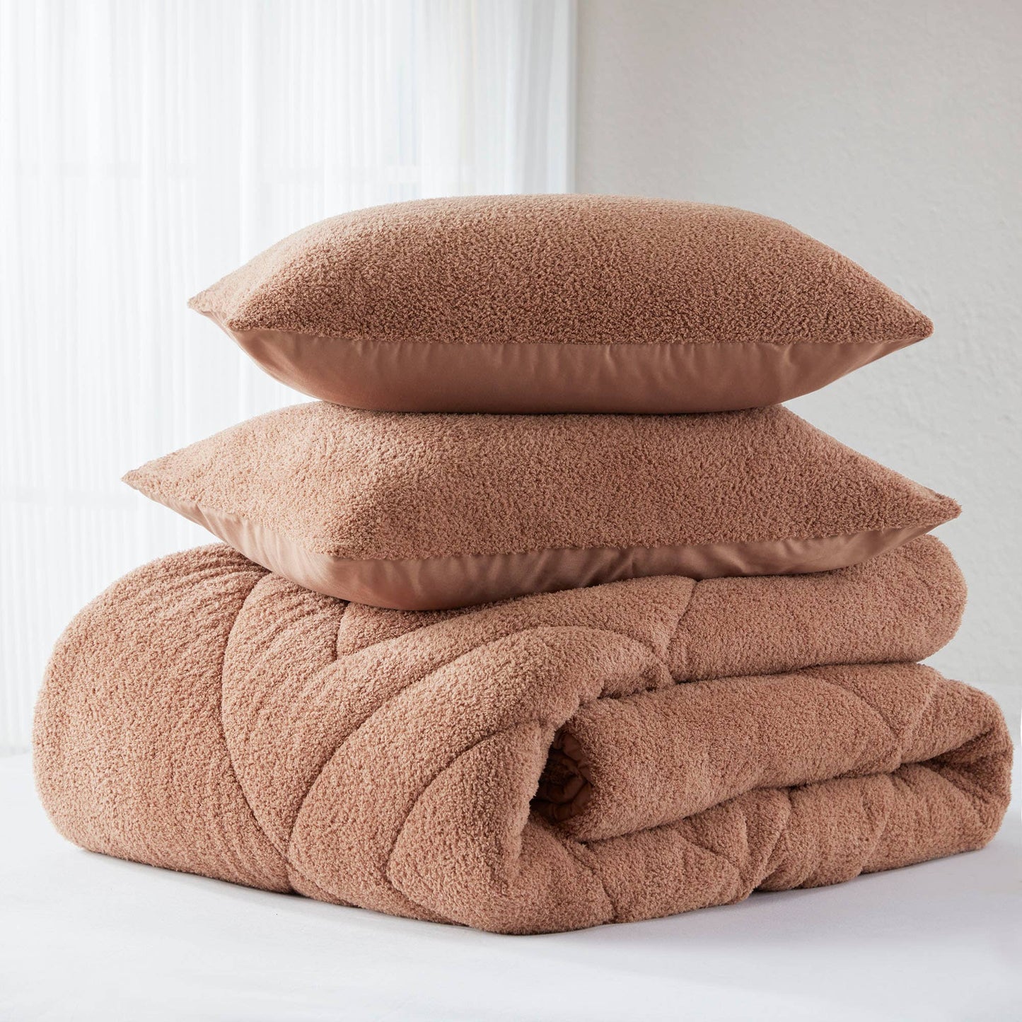Double Diamond Quilted Fluffy Plush Comforter Set, Brown