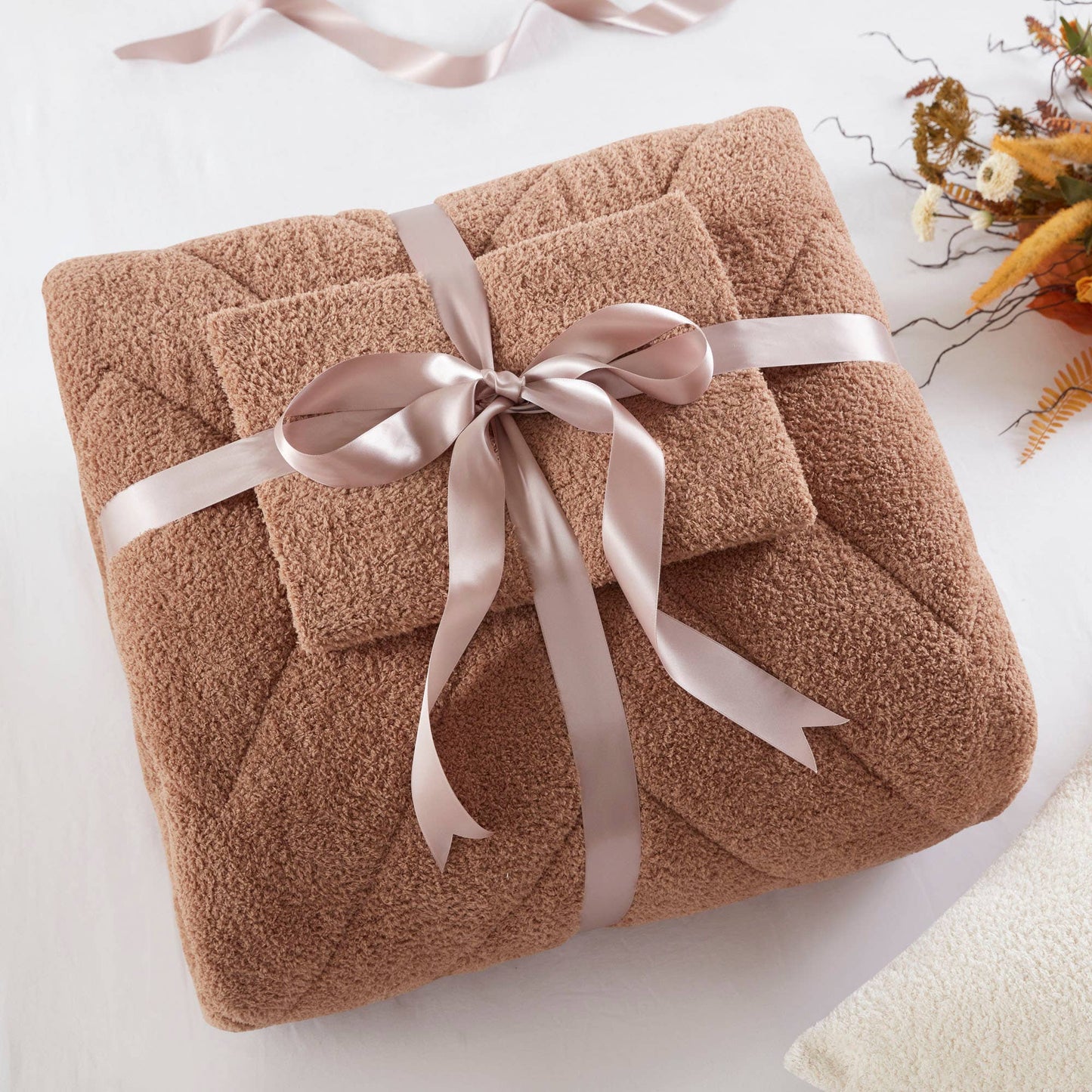 Double Diamond Quilted Fluffy Plush Comforter Set, Brown