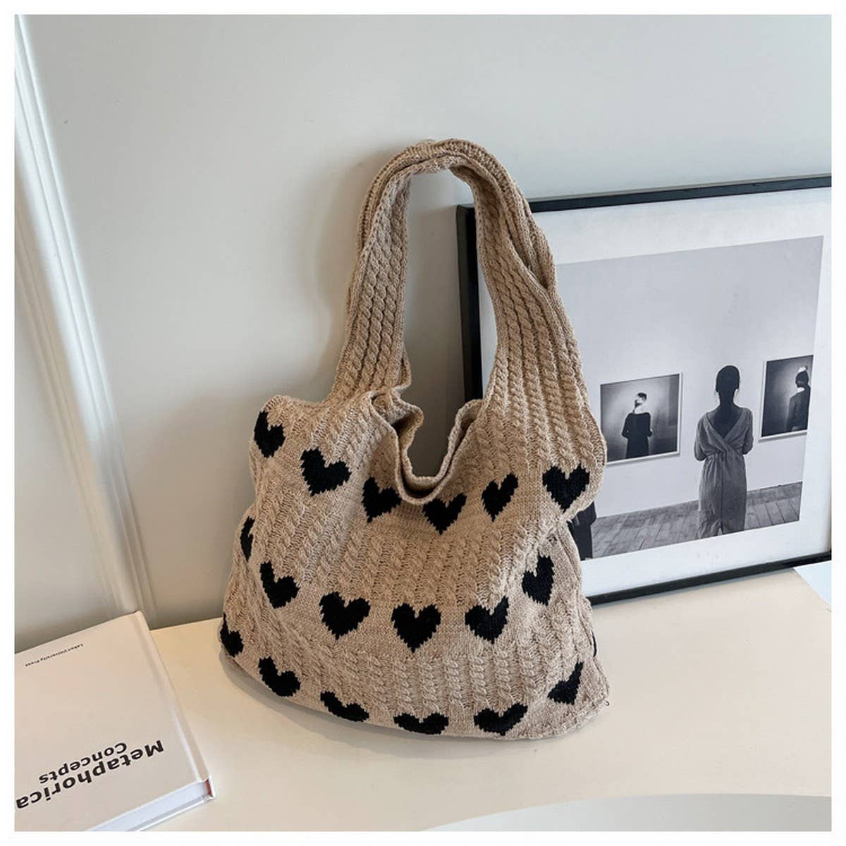 Heart Pattern Knitted Tote Bag