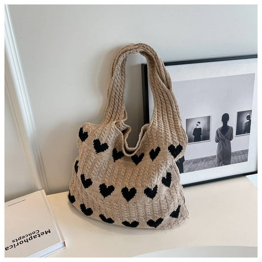 Heart Pattern Knitted Tote Bag
