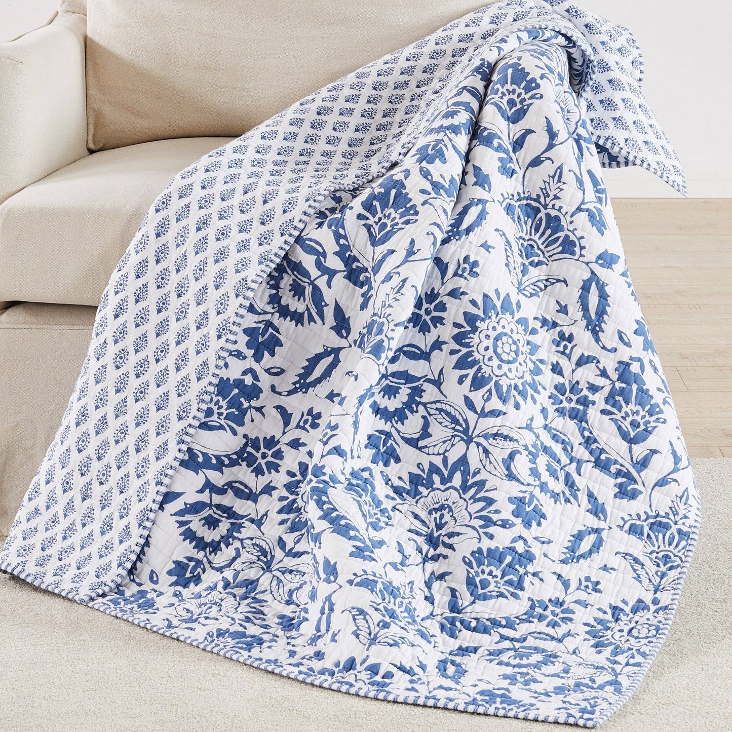 Clara Blue Quilted Throw Blanket