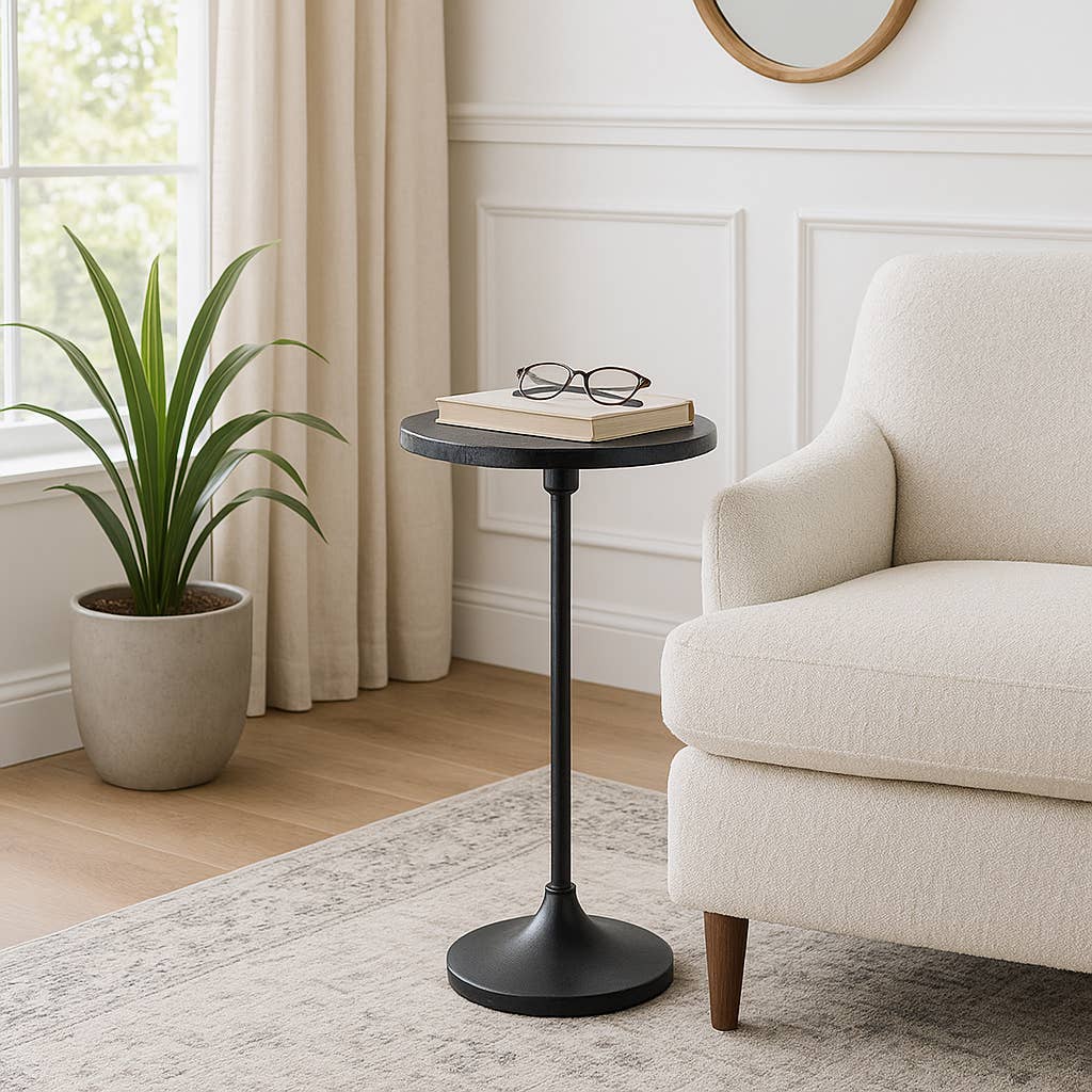 Side Table - Black Metal Pedestal Base Marble Top, 27 in.