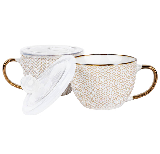 Kook Ceramic Soup Mugs with Lids, 18 oz, Narbonne: Lined (1 Piece)