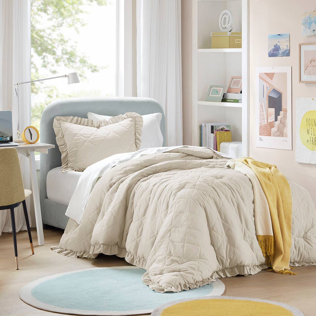 Diamond Quilted Ruffle Edge Comforter Set, Neutral