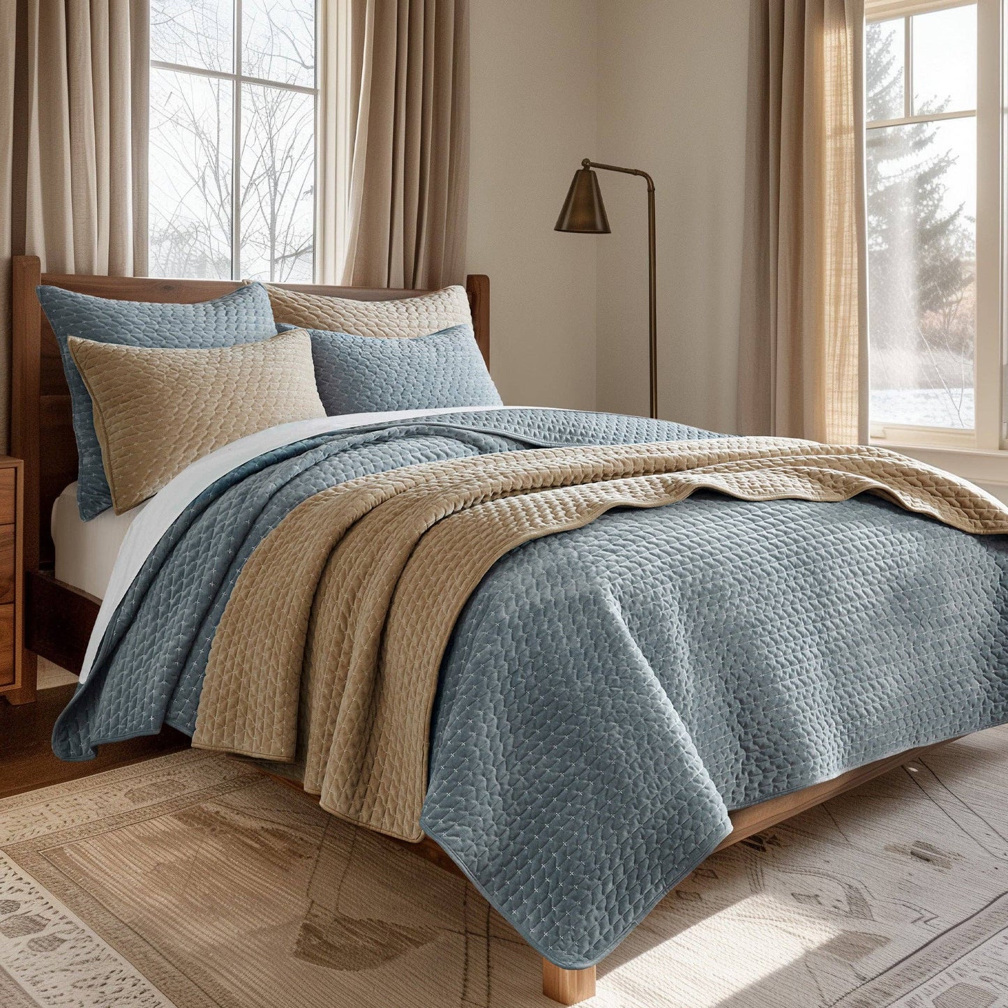 Velvet Stitch Quilt Set: Chambray / Full/Queen