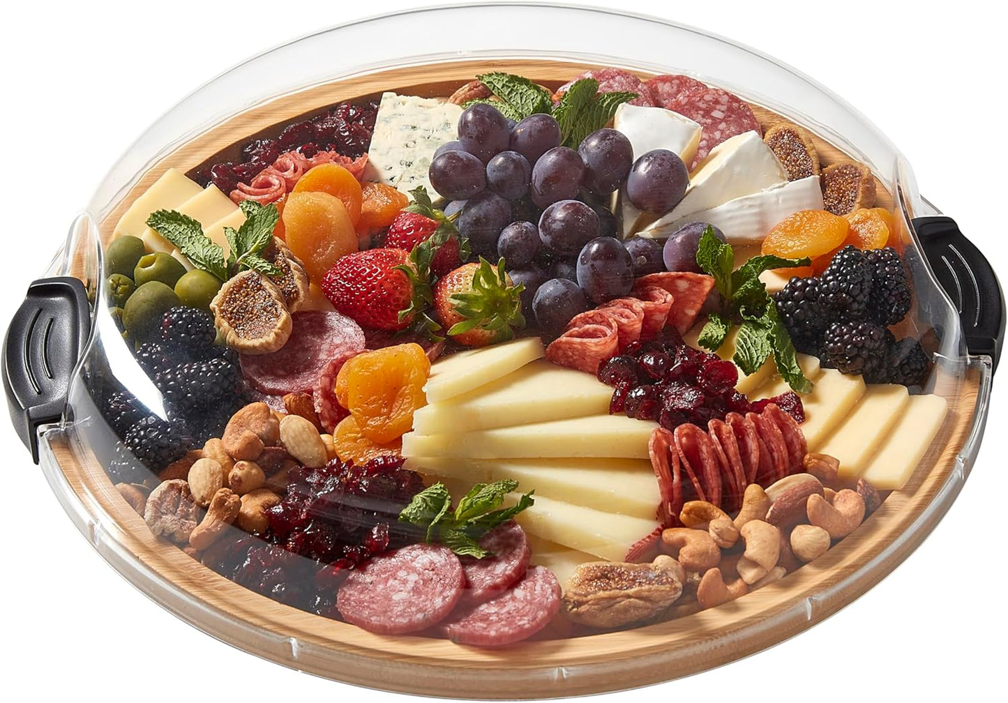 14-in Round Build-a-Board Bamboo Cutting Board with Single Compartment and Clear Locking Lid, Black Handles