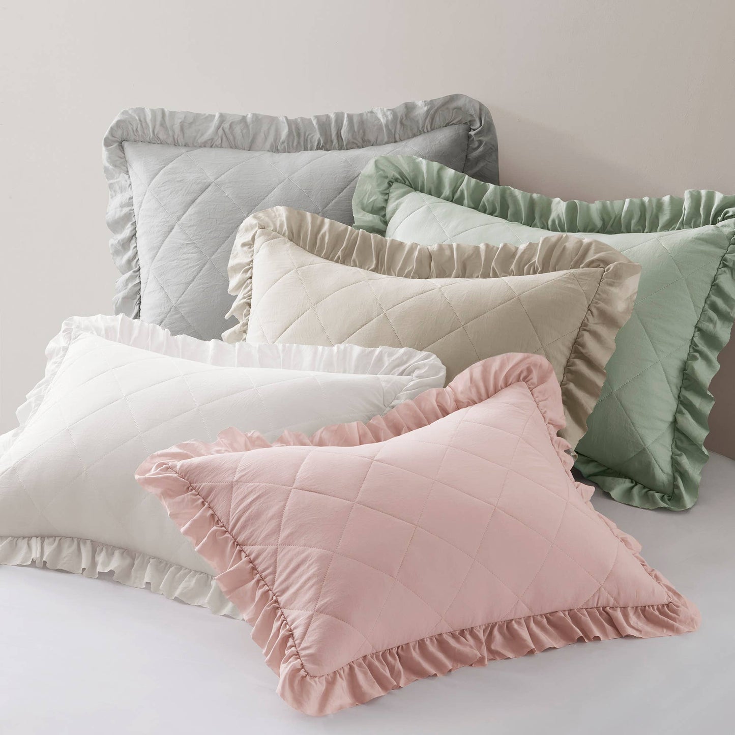 Diamond Quilted Ruffle Edge Comforter Set, Neutral