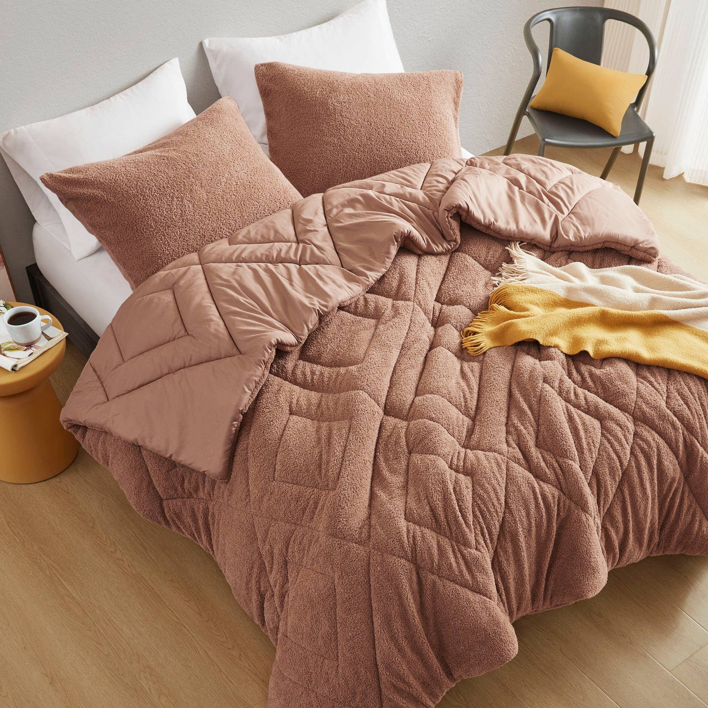 Double Diamond Quilted Fluffy Plush Comforter Set, Brown