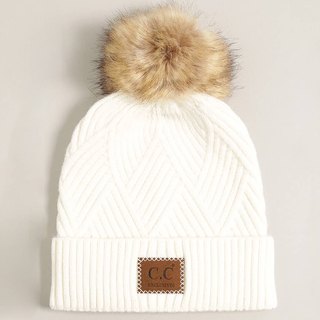 Heather Cuff Beanie with Pom-Pom: ONE SIZE / WARM GREY MIX