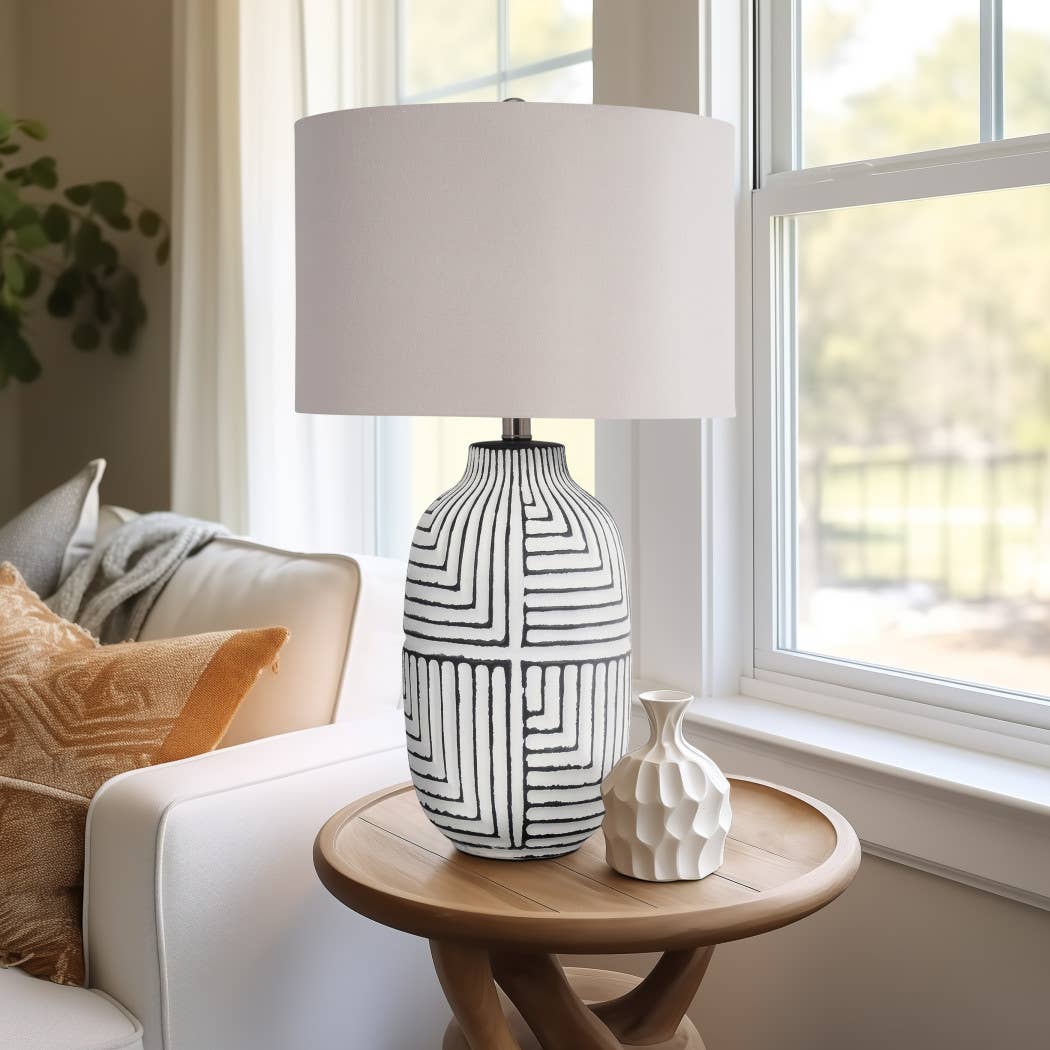 Table Lamp - White Ceramic Boho Tribal Textured, 26 in.