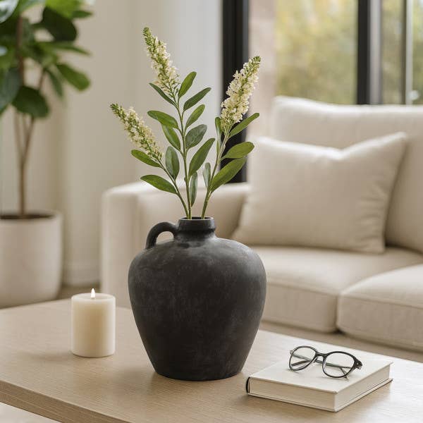 Black 10 in. Abstract Weathered Terracotta Jug with Handle